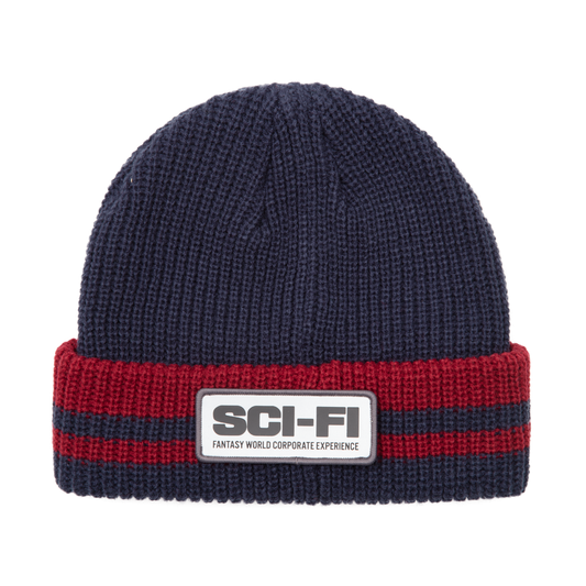 Sci-Fi Fantasy - Reflective Patch Striped Beanie Navy/Red